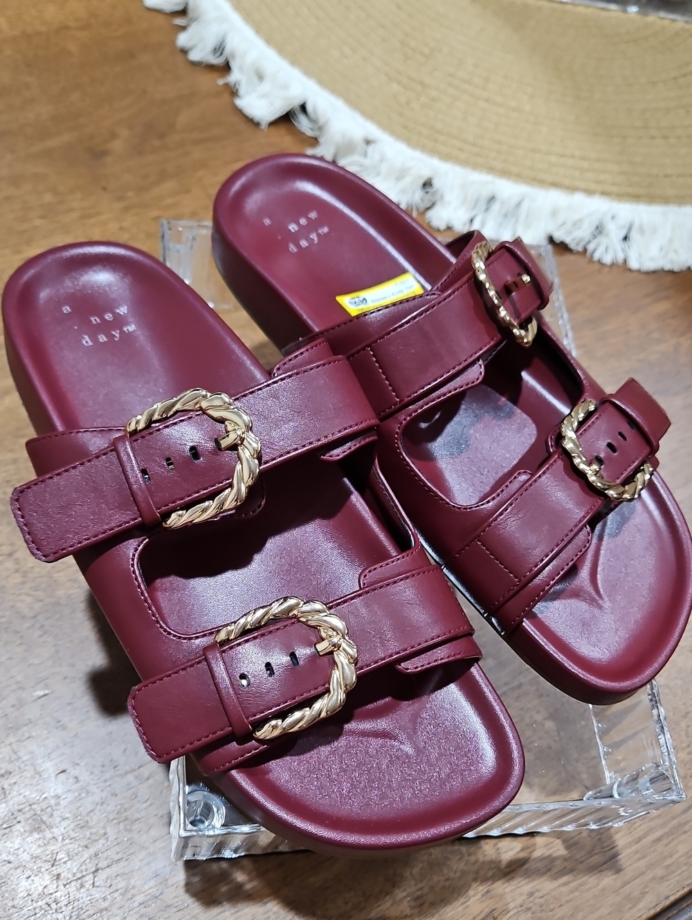 a new day Burgundy Double Buckle Slide Sandals with Gold Braided Buckles